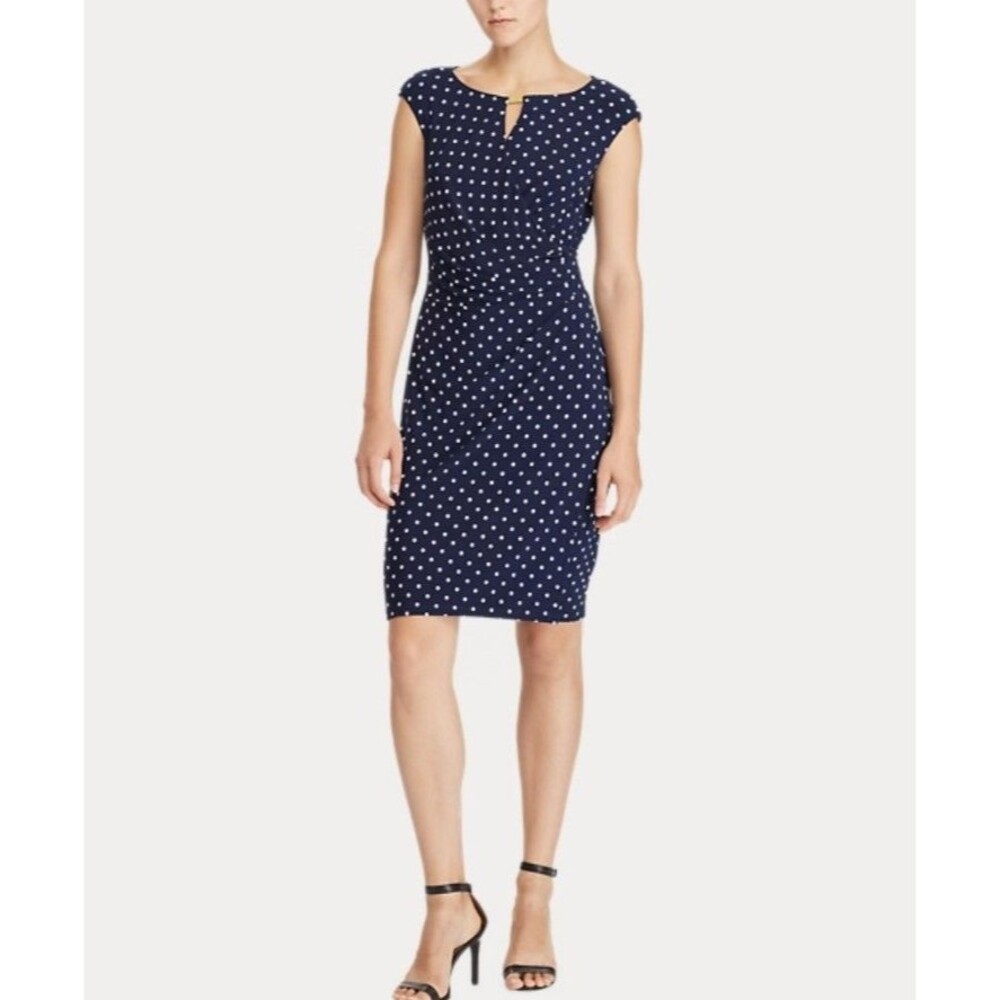 Ralph Lauren polka dots navy blue classic sheath jersey dress retro Sz8